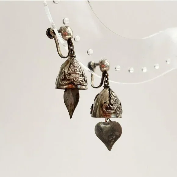 Siam Sterling Silver Vintage Screw Back Bells Hearts Charm Earrings - Picture 1 of 10